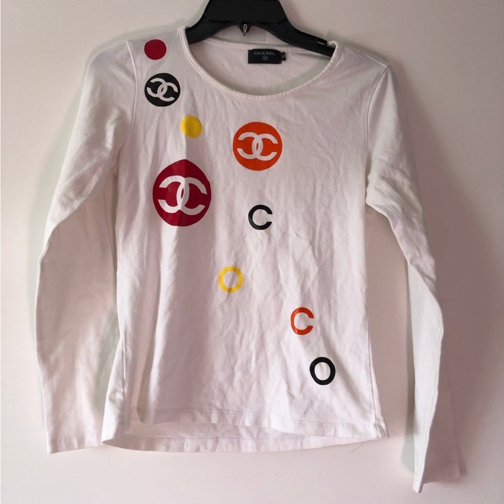 Chic Long Sleeve Tee - White with Red, Orange, Yellow, Black Accents (Free….